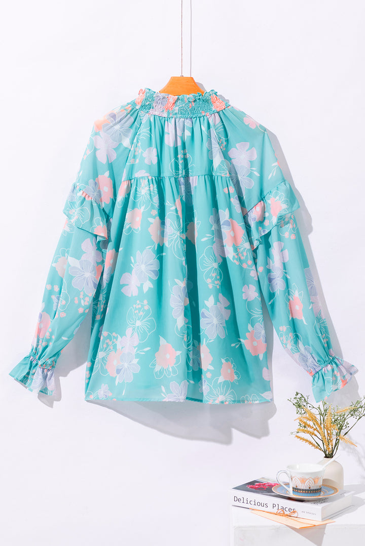 Sky Blue Floral Split Neck Ruffled Puff Sleeve Blouse