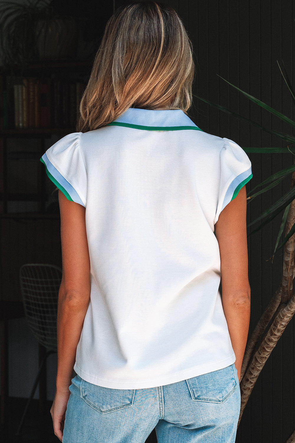 Color Contrast Ruffled Sleeve Collared V Neck Blouse