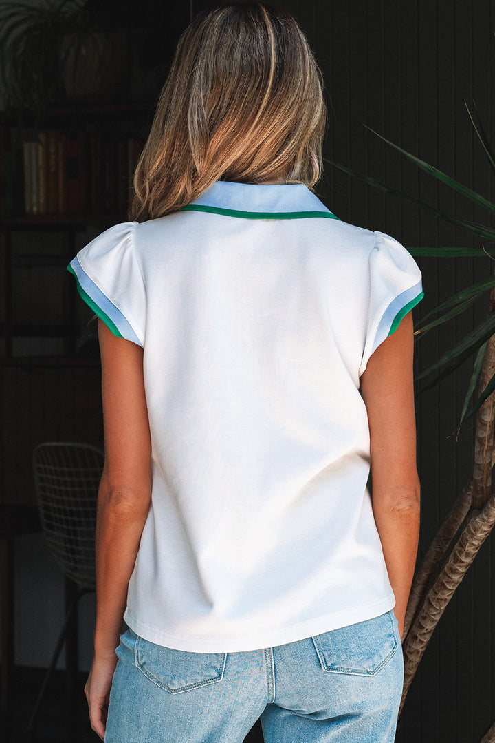 Color Contrast Ruffled Sleeve Collared V Neck Blouse