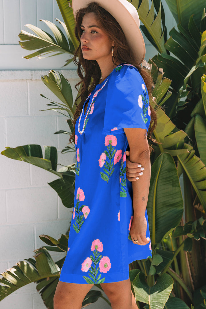 Floral Short Sleeve Split Neck Loose Mini Dress