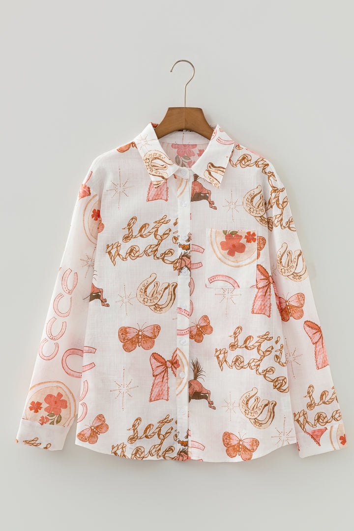 White Rodeo Cowgirl Print Western Button up Shirt