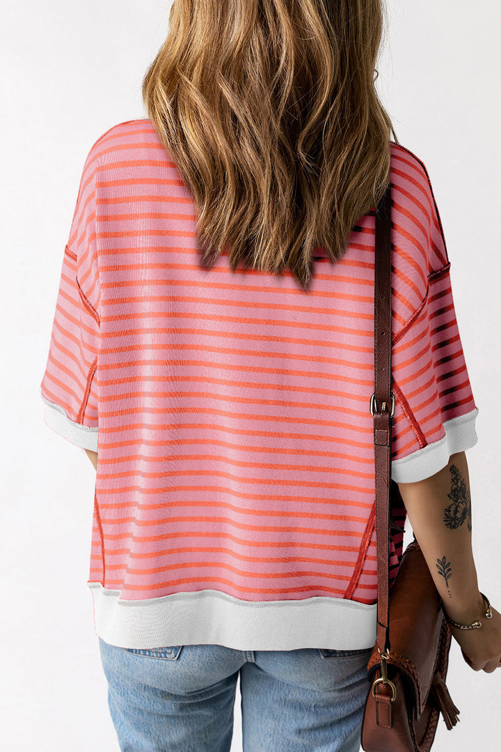 Stripe Oversized Contrast Trim Exposed Seam High Low T Shirt