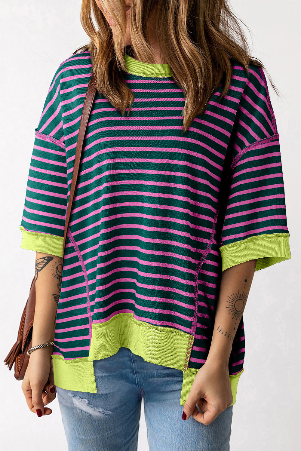 Stripe Oversized Contrast Trim Exposed Seam High Low T Shirt