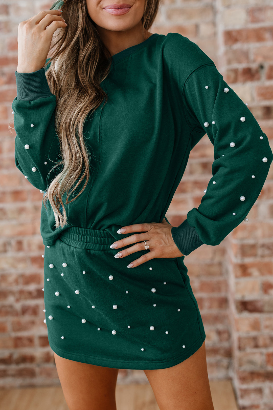Sunny Angela Women's Pearl Embellished Drop Shoulder Pullover Mini Skirt Two Piece Dress Dark Green / S Sunny Angela Women's Pearl Embellished Drop Shoulder Pullover Mini Skirt Two Piece Dress Dark Green / S