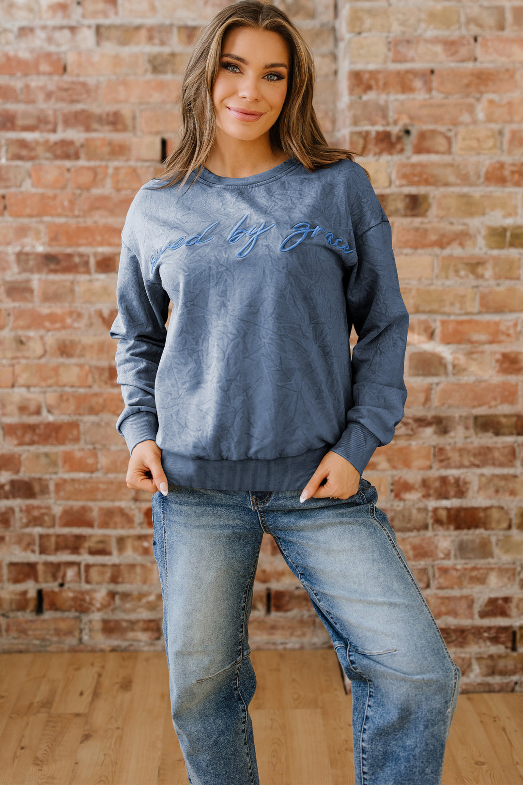 saved by grace Letter Embroidery Mineral Wash Loose Sweatshirt
