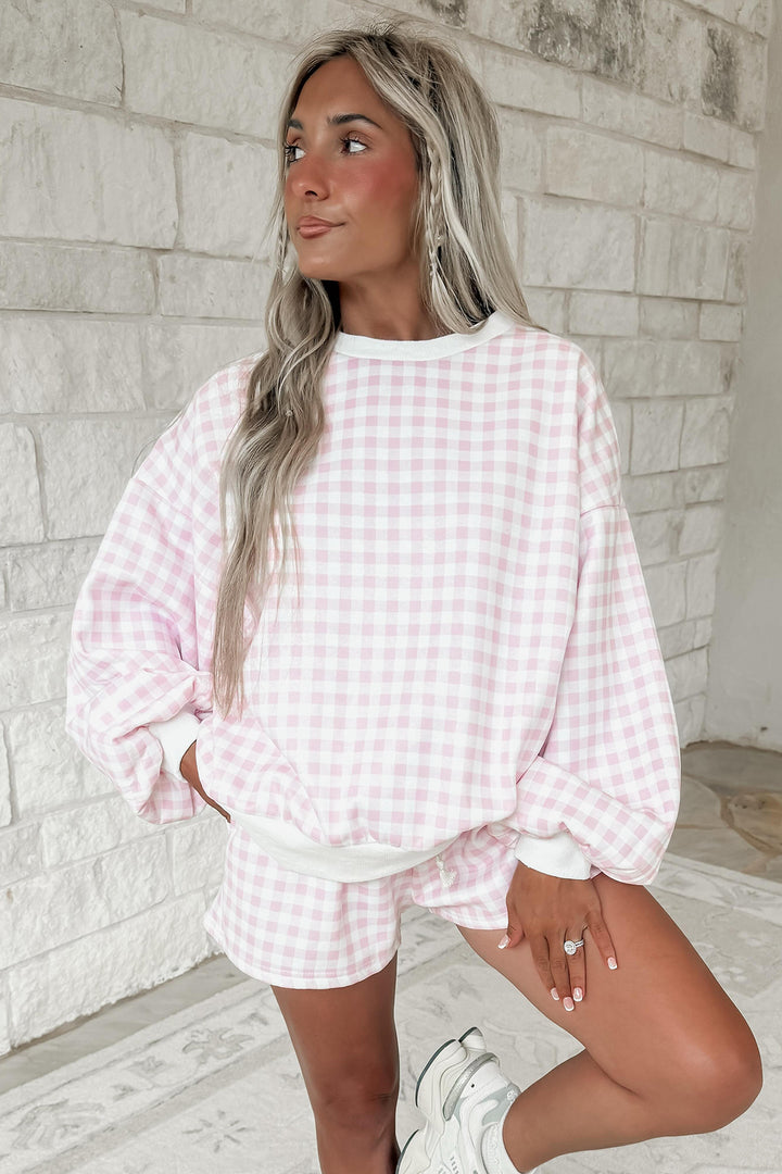Plaid Baggy Pullover Drawstring Casual Shorts 2pcs Outfit
