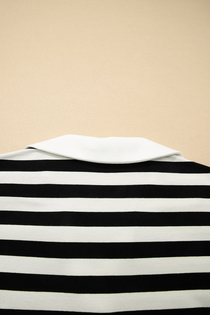 Stripe Collar V Neck Ruffled Short Sleeve Blouse