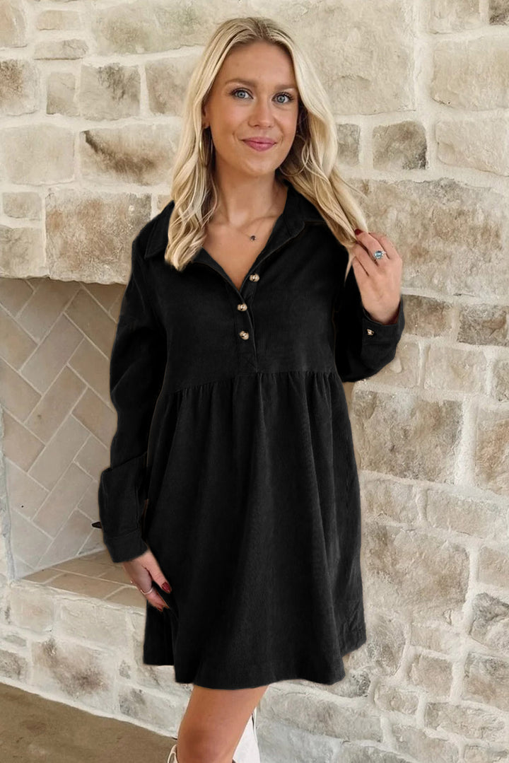 Corduroy Half Button Collared Long Sleeve Mini Dress