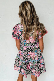Pink Leopard Floral Print Wavy Embellished Mini Dress -