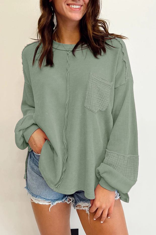 Pink Exposed Seam Patchwork Bubble Sleeve Waffle Knit Top - Laurel Green / 2XL / 62.7%Polyester+37.3%Cotton