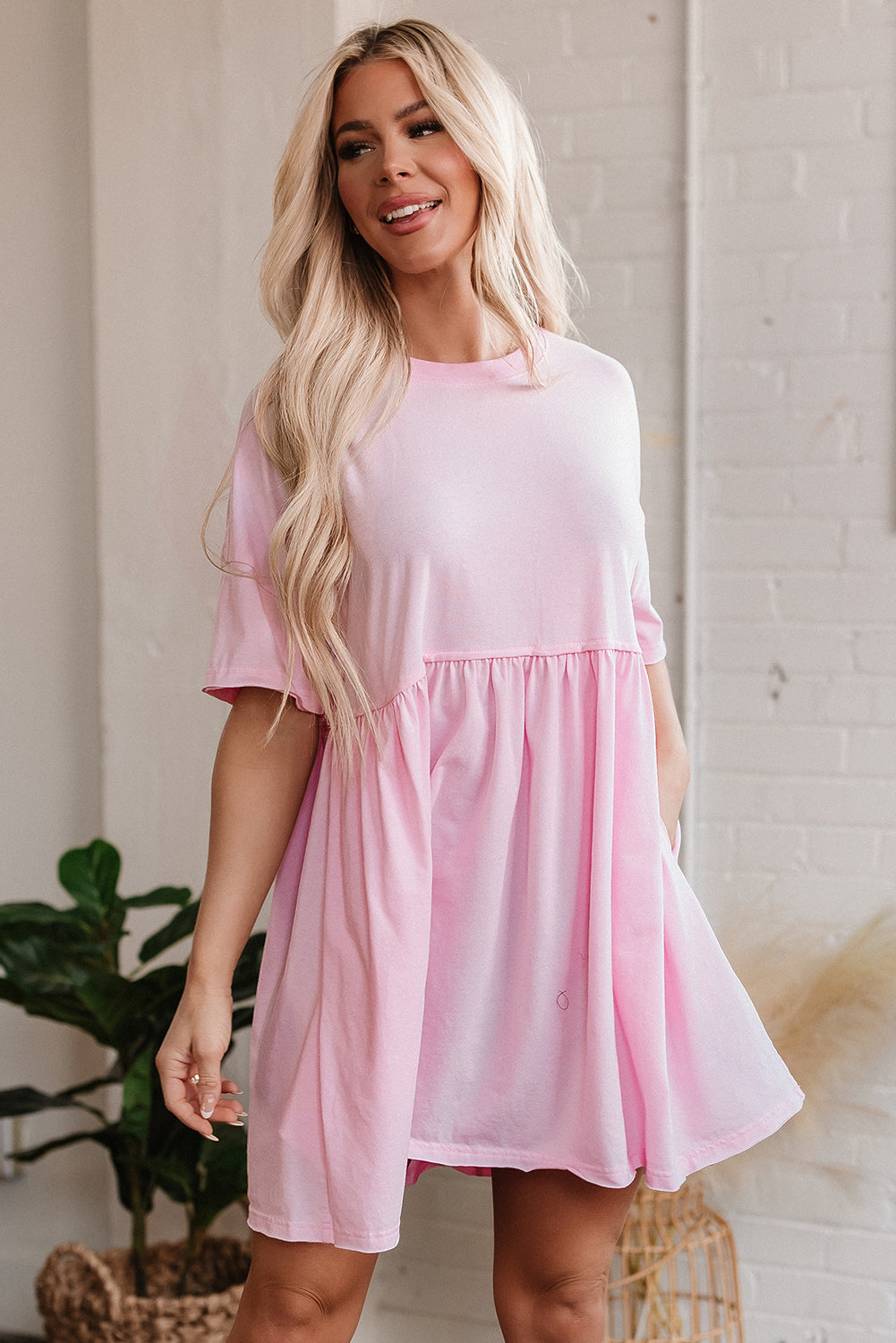 light pink babydoll dress Solid Color Pocketed Raw Edge Babydoll Dress
