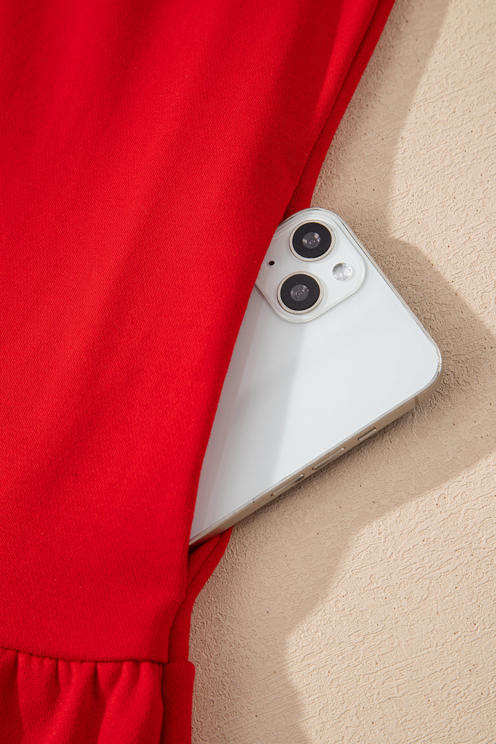 Contrast Striped Collar Patchwork Puff Sleeve Ruffle Hem Mini Dress