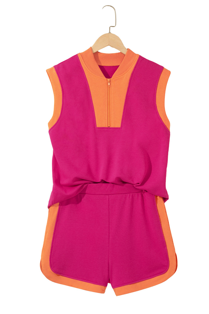 Color Block Accent Half Zip Top Athleisure Shorts Set