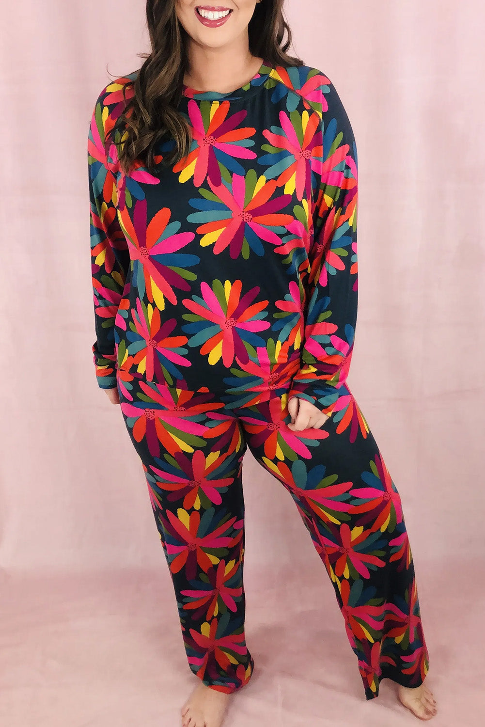 Plus Size Printed Long Sleeve and Pants Lounge Set