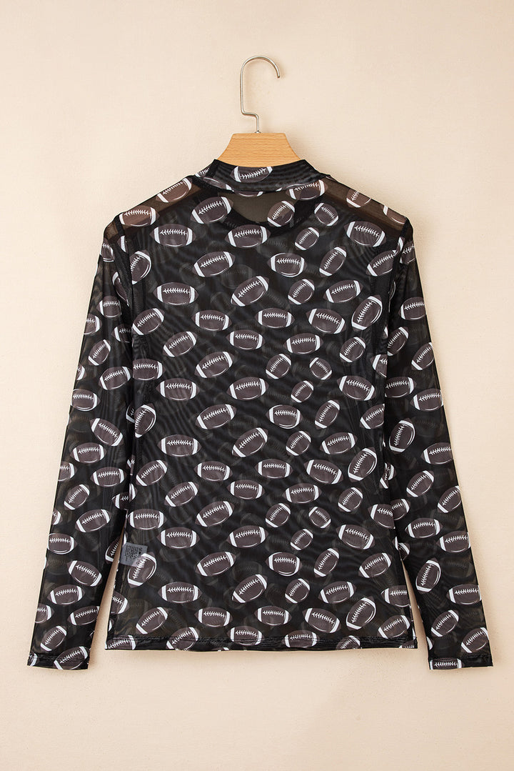 Black Game Day football Mesh Sheer Long Sleeve Top