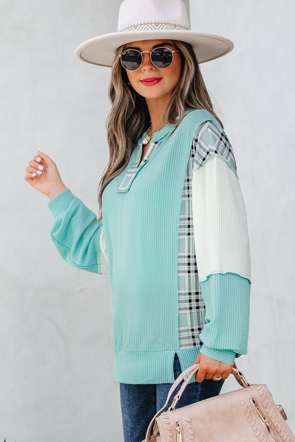 Aruba Blue Corded Texture Plaid Colorblock Patchwork Split Neck Long Sleeve Top