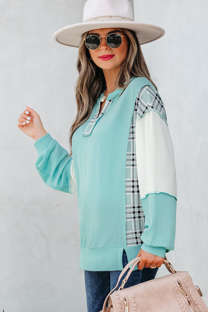 Aruba Blue Corded Texture Plaid Colorblock Patchwork Split Neck Long Sleeve Top
