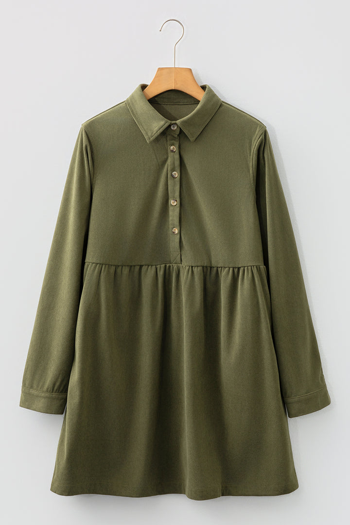 Corduroy Half Button Collared Long Sleeve Mini Dress