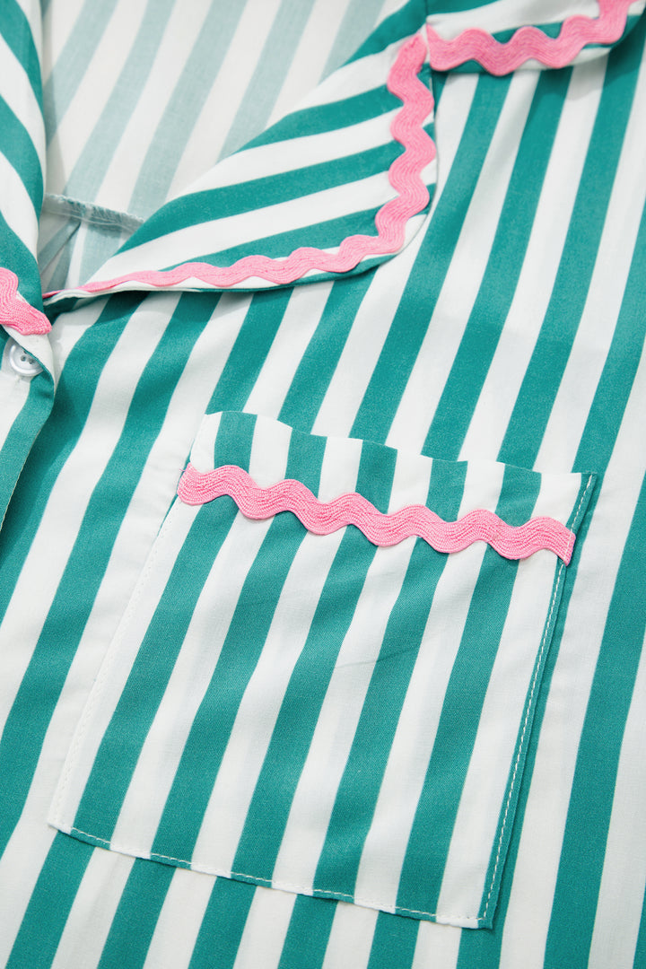 Green Stripe Contrast Ricrac Trim Long Sleeve Shirt Drawstring Ruffled Pajama Short Set