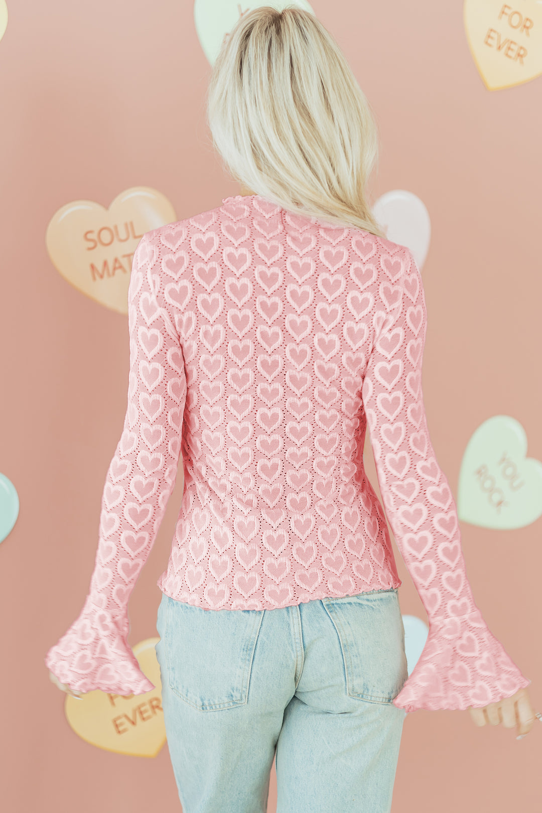 Gossamer Pink Heart Jacquard Flare Sleeve Mock Neck Fitted Top