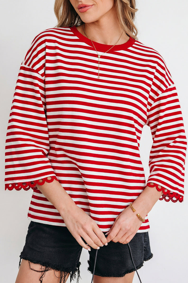 Racing Striped Print Drop Shoulder Lace Trim Bracelet Sleeve Loose Top