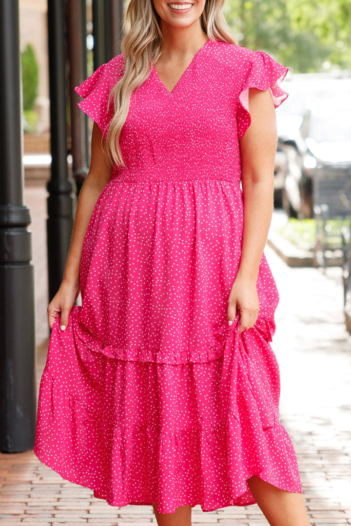 Rose Polka Dot Print Ruffled Smocked High Waist Plus Midi Dress