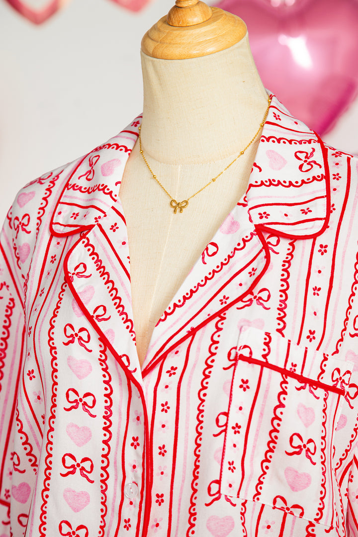 Red Cute Bow Heart Print Ribbon Decor Short 2pcs Pajama Set