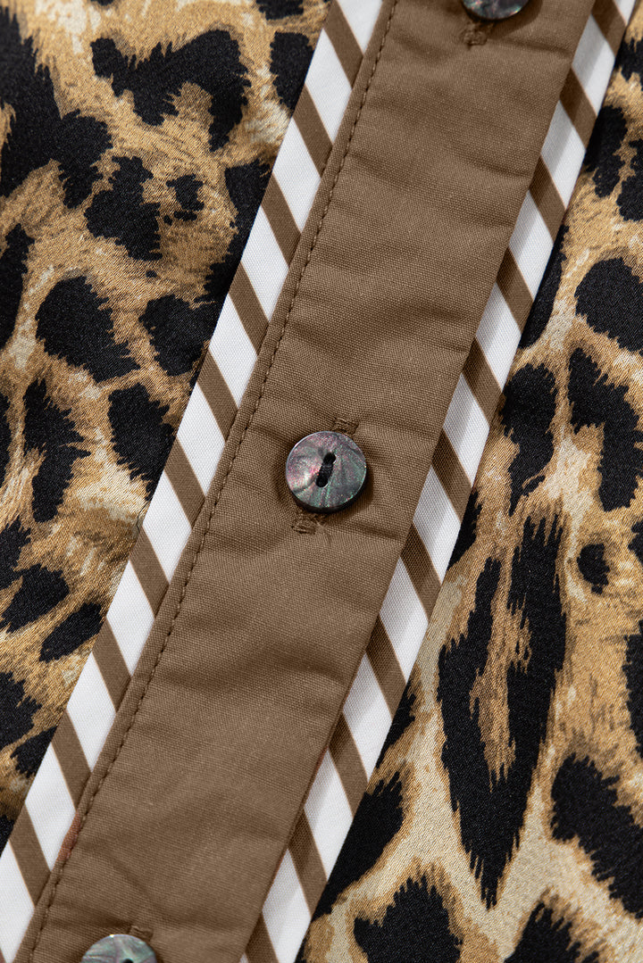 Brown Leopard Collared 3/4 Sleeve Shirt and Loose Pants Two Piece Outfit Set