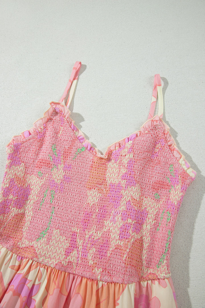 Pink Spaghetti Straps Floral Shirred High Waist Dress