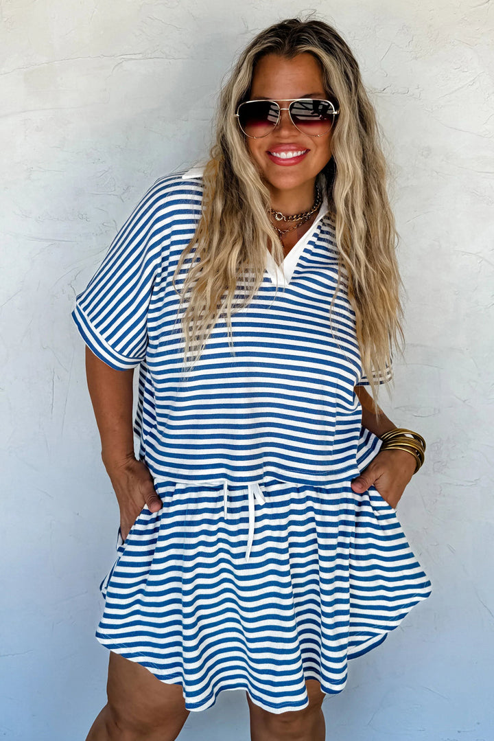 Blue Stripe Short Sleeve Collared V Neck Top Plus Size Skort Set