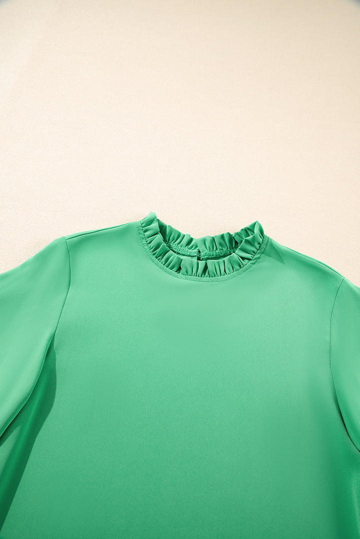 Close-up of ruffled round neckline on Green Frilly Wide Half Sleeve Blouse, emphasizing elegant Southern Belle style.