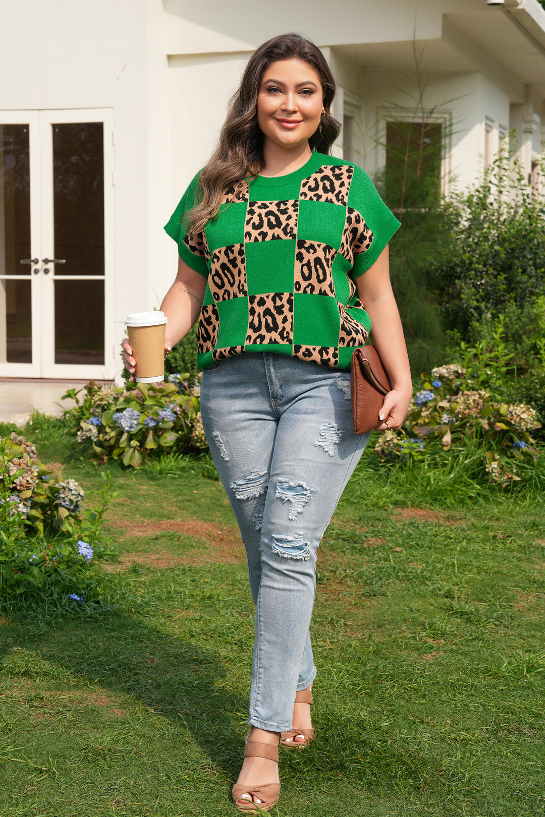 Plus Size Leopard Contrasted Checkered Short Sleeve Sweater