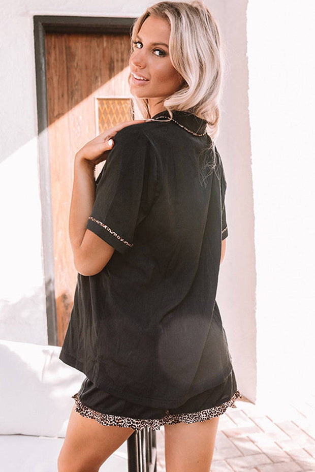 Black Leopard Contrast Shirt & Drawstring Shorts Loungewear Set -