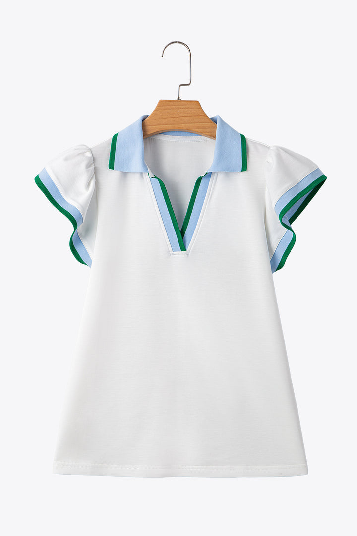 Color Contrast Ruffled Sleeve Collared V Neck Blouse