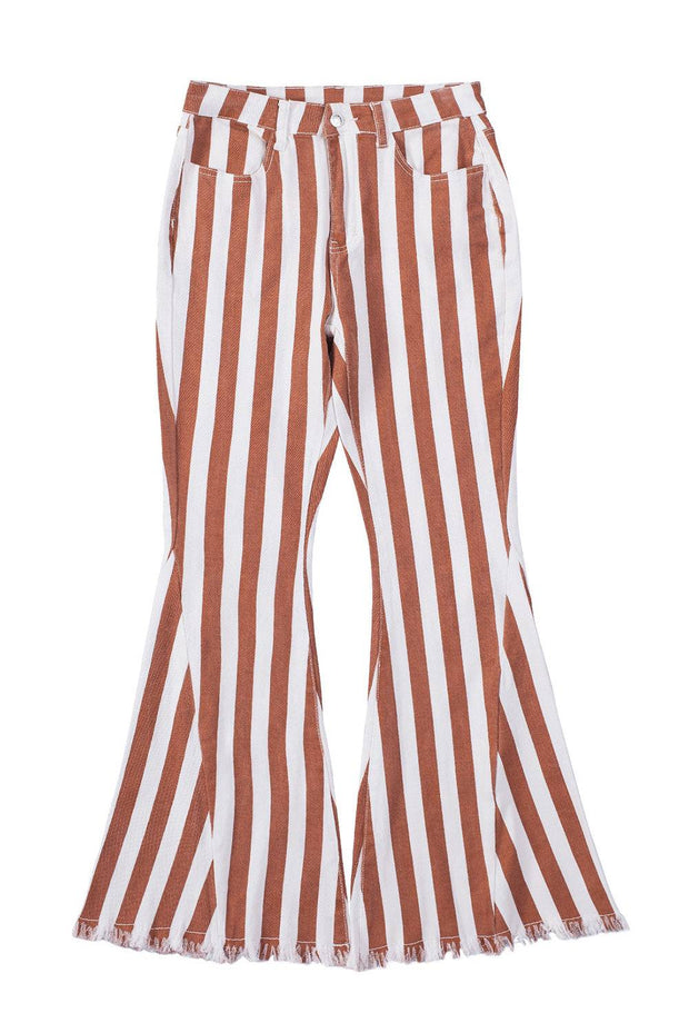 Brown Striped Fringe Bell Bottom Denim Pants -