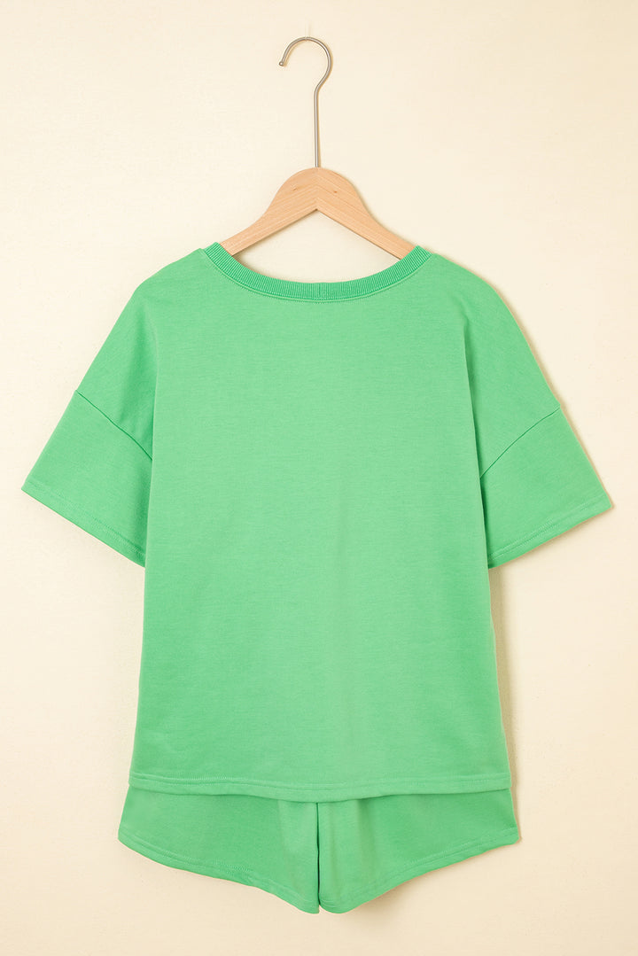 Mint Green V Neck Drop Shoulder Tee and Patchwork Drawstring Shorts Set