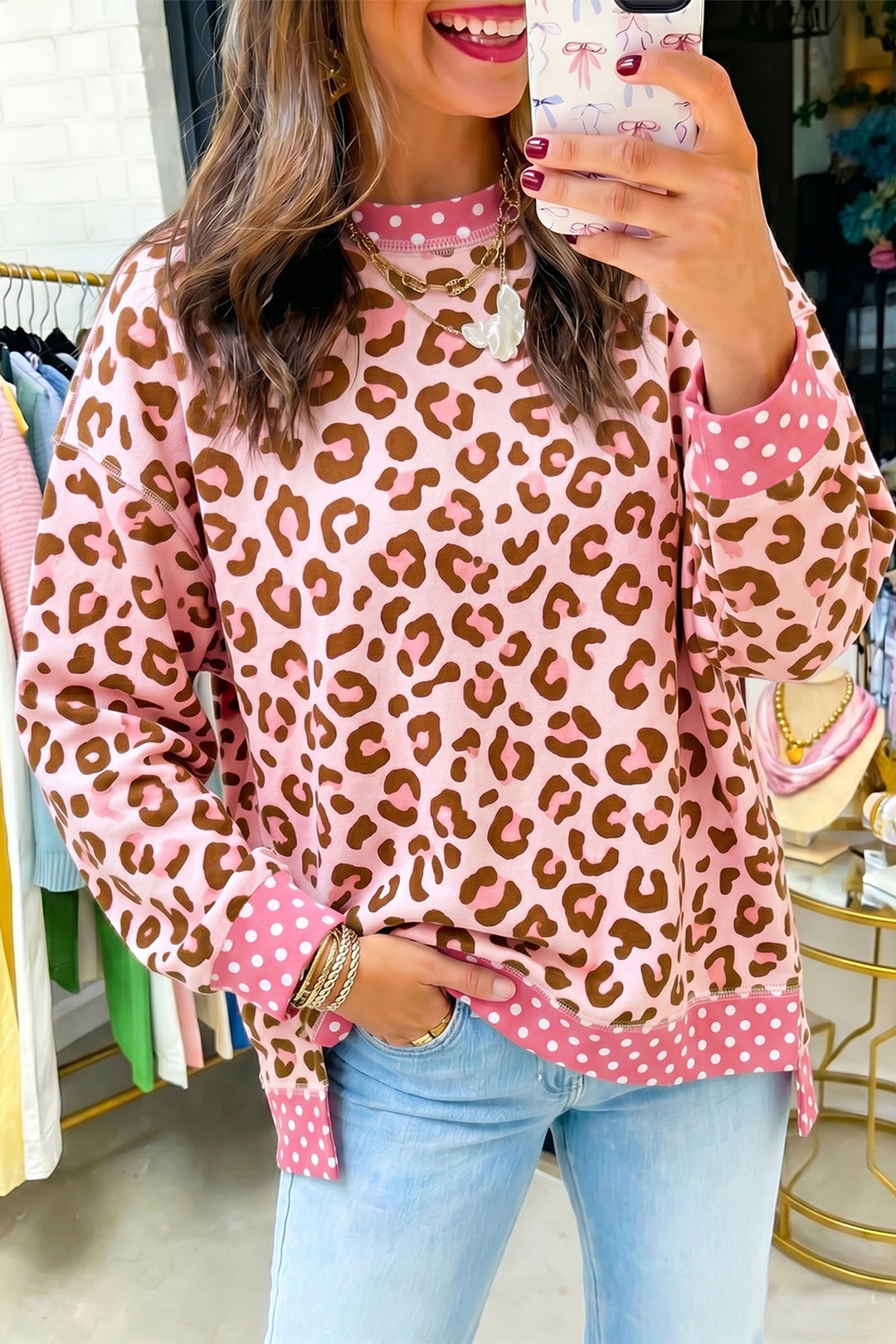 Leopard Polka Dot Color block Trim Long Sleeve Top