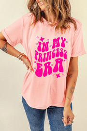 Pink IN MY PRINCESS ERA Letter Graphic Roll Up Sleeve Tee - Pink / S