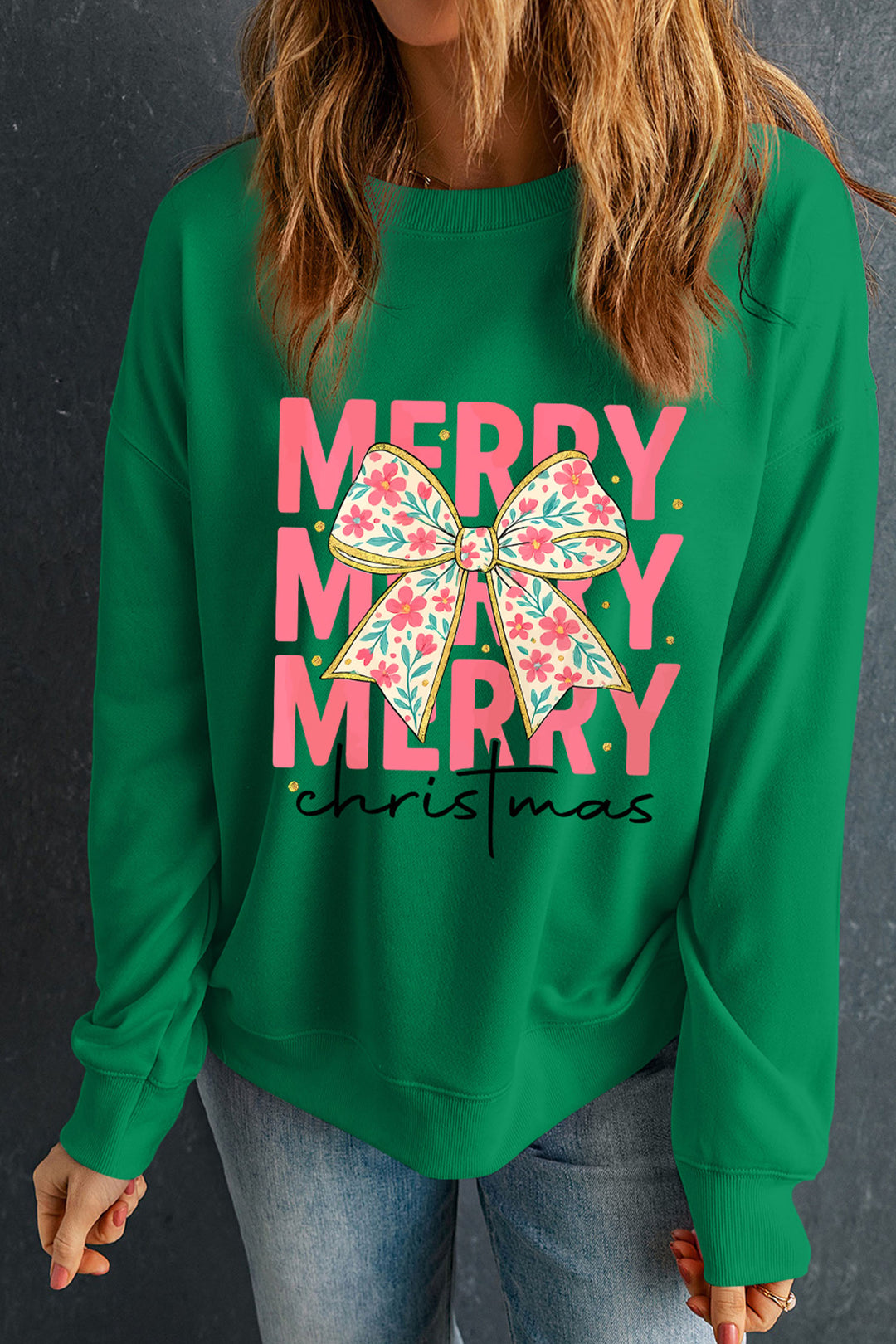 Dark Green MERRY Christmas Floral Bow Graphic Drop Shoulder Sweatshirt