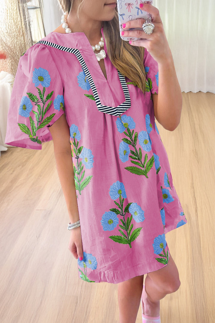 Floral Short Sleeve Split Neck Loose Mini Dress