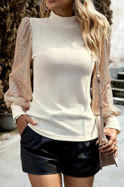 Beige Casual Sequin Sleeve High Neck Sweater -