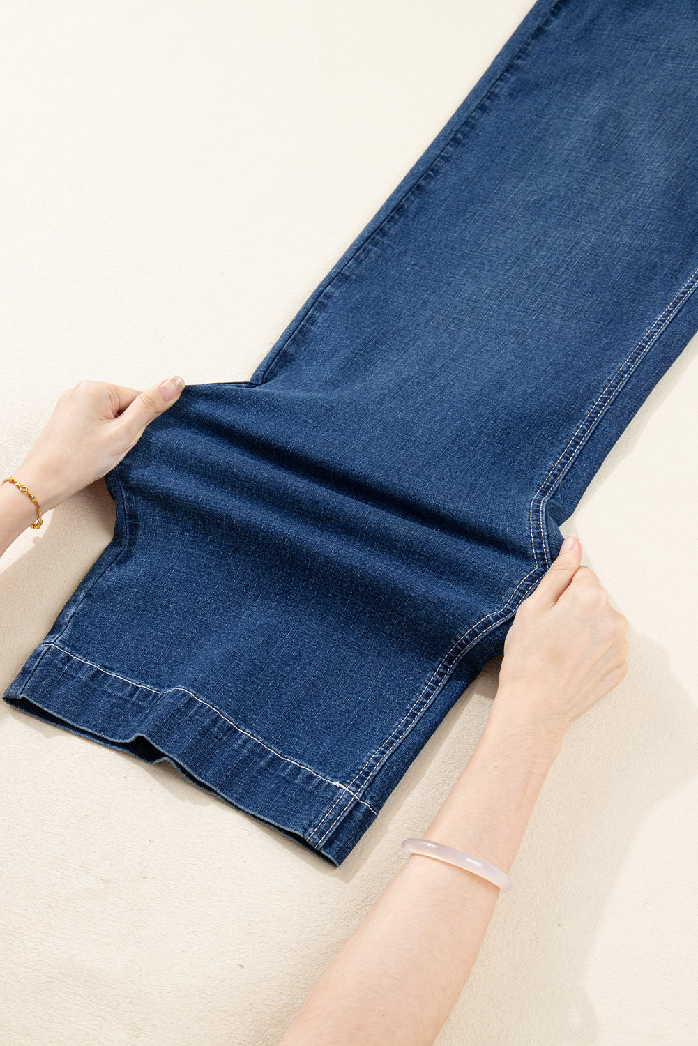 Sail Blue Stitched Waist Detail Loose Cuffed Jeans
