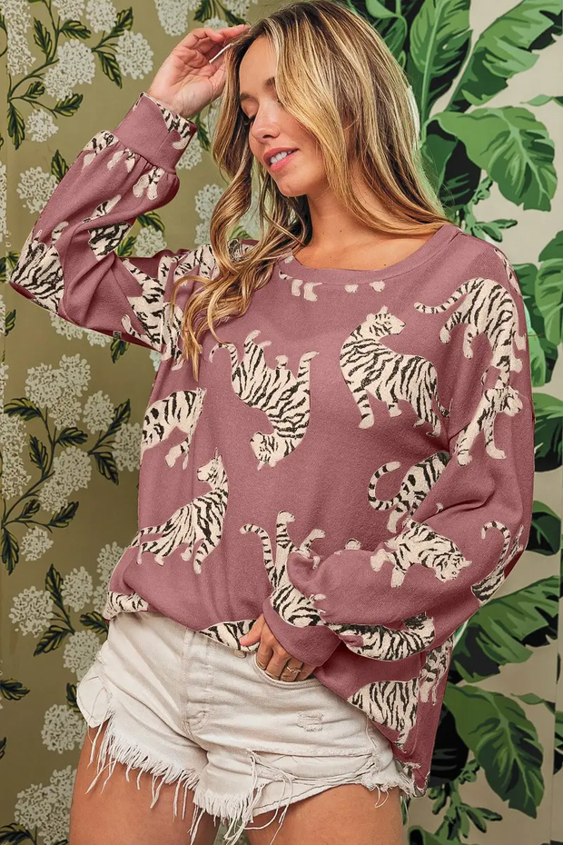 Lively Tiger Print Casual Sweatshirt -