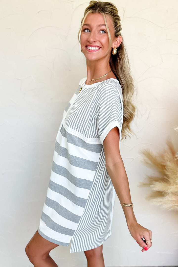 Stripe Mixed Printed Short Sleeve Shift Mini T Shirt Dress