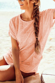 Pink Loose Fit Pockets Short Sleeve Beach Cover Up -