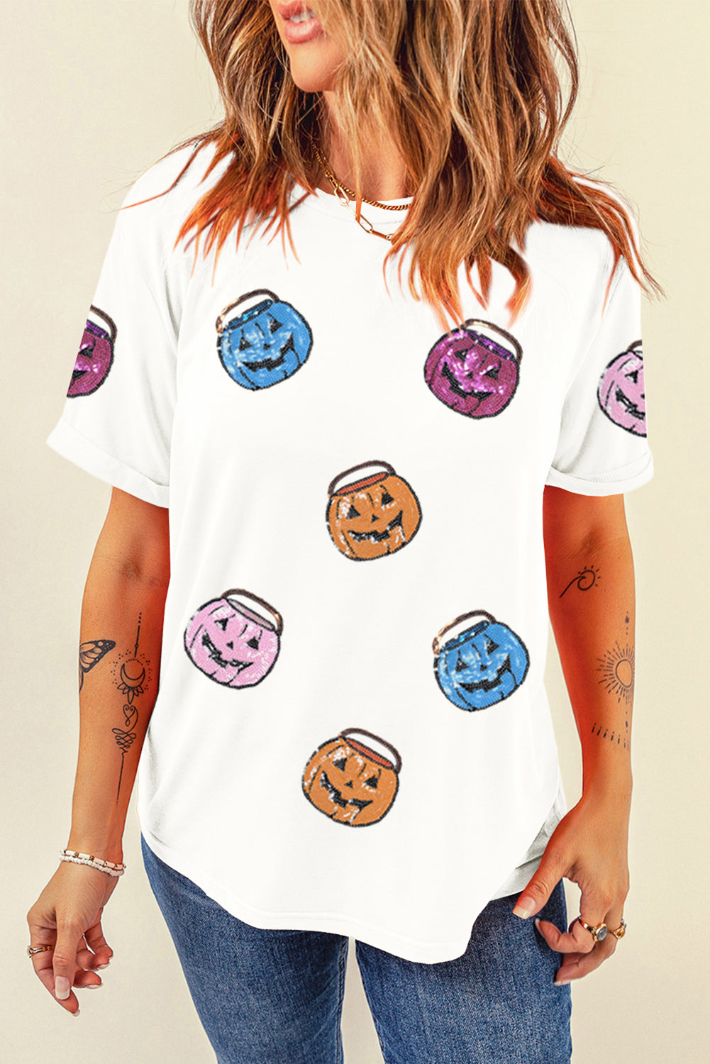 White Sequin Pumpkin Face Patched Crew Neck Holiday T Shirt