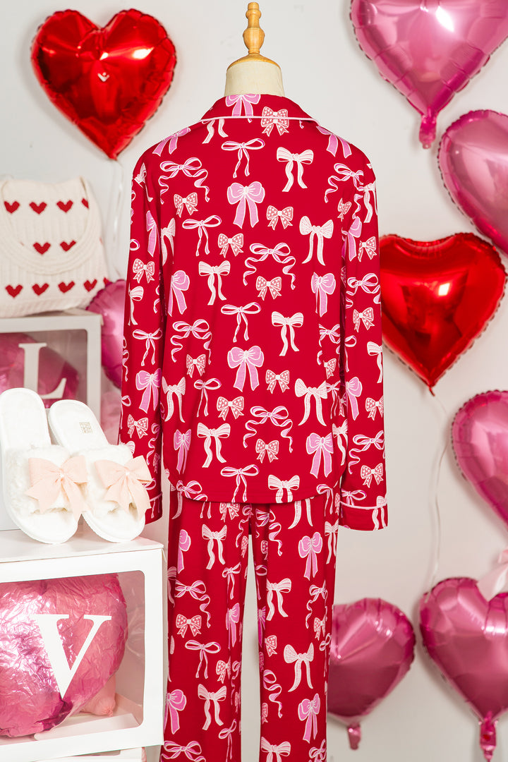 Red Sweet Bow Print Shirt Style Top Long 2pcs Pajama Set