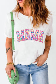 White MAMA Leopard Embroidered Crew Neck Graphic Tee -