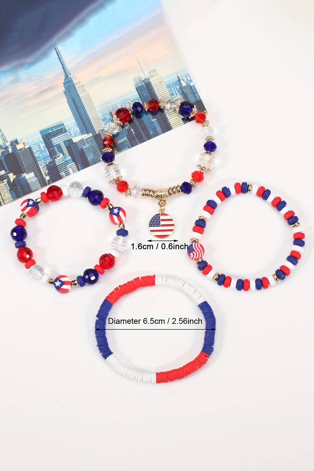 three bracelets with red, white, and blue beads