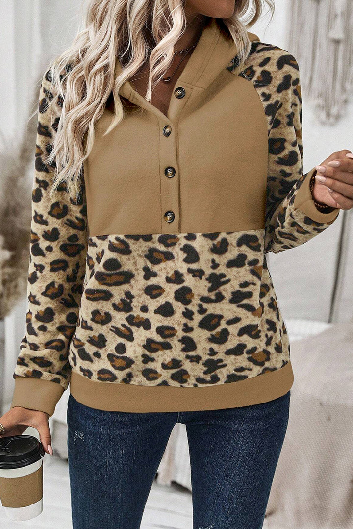 Leopard Print Patchwork Raglan Sleeve Half Buttons Hoodie